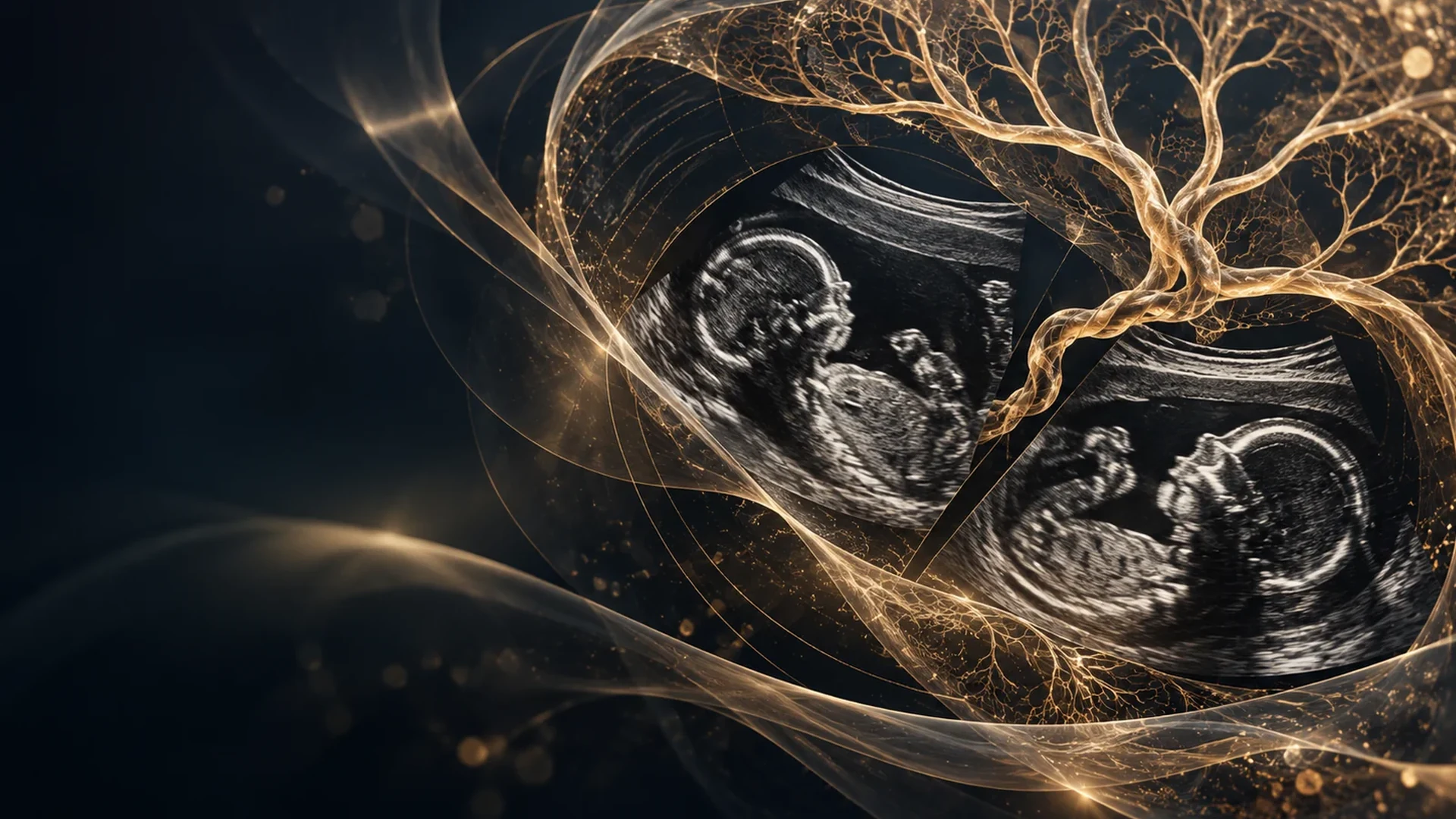 Conceptual twin pregnancy and placental vessel artwork.
